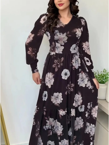 Kadın Uzun Kollu V Yakalı çiçek Desenli Maxi Süprem Elbise