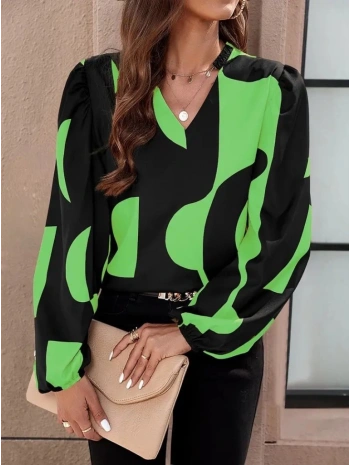 Kadın Uzun Kollu V Yakalı Desenli Modal Bluz