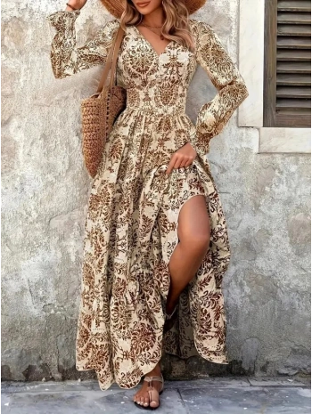 Kadın Uzun Kollu V Yakalı Desenli Süprem Elbise