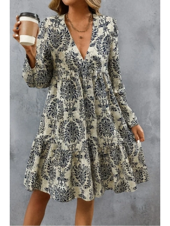 Kadın Uzun Kollu V Yakalı Fırfırlı Mini Süprem Elbise