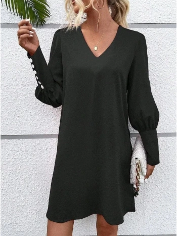 Kadın Uzun Kollu V Yakalı Kısa Ithal Krep Elbise