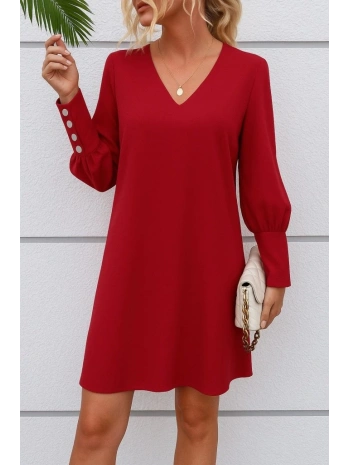Kadın Uzun Kollu V Yakalı Kısa Ithal Krep Elbise