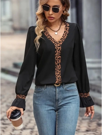 Kadın Uzun Kollu V Yakalı Leopar Detaylı Krep Bluz