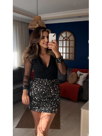 Kadın Uzun Kollu V Yakalı üst Krep Alt Payet Kısa Elbise