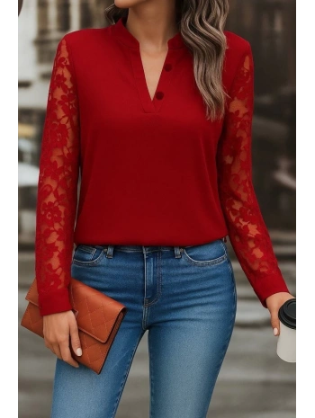 Kadın Uzun Kollu Yaka Düğme Detay Güpürlü Kol Krep Bluz