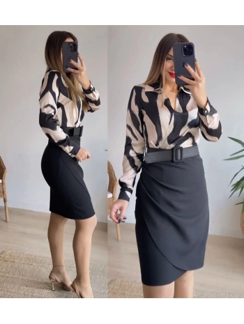 Kadın Uzun Kollu Yakalı üst Dalgıç Eteği Krep Kemerli Elbise