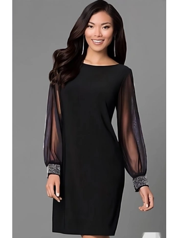 Kadın Uzun Kollu Yakası Yanlardan Hafif Açık Kollar Tül Ve Taş Detay Kısa Krep Elbise