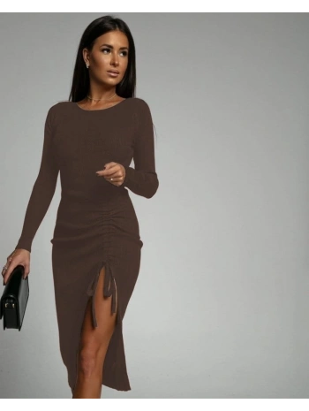 Kadın Uzun Kollu Yandan Büzgülü Yırtmaç Detay Kaşkorse Midi Boy Elbise