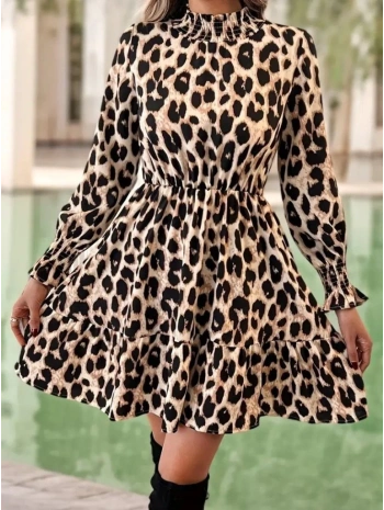 Kadın Uzun Kollu Yarı Balıkçı Yaka Leopar Desenli Modal Mini Elbise