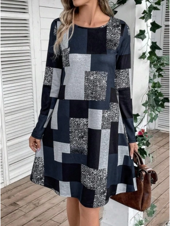 Kadın Uzun Kollu Yuvarlak Yaka Geometrik Süprem Elbise