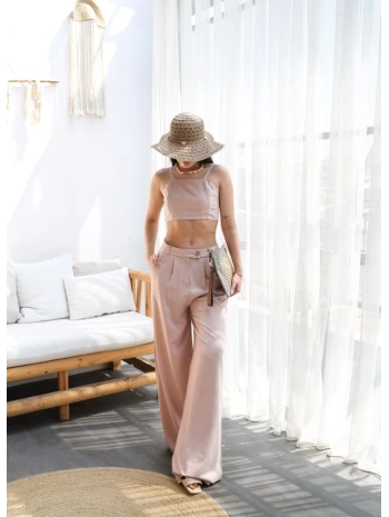 Keten Gi̇peli̇ Crop Ve Pantolon İki̇li̇ Takim