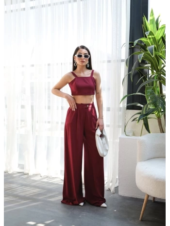 Keten Gi̇peli̇ Crop Ve Pantolon İki̇li̇ Takim
