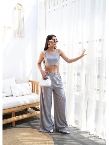 Keten Gi̇peli̇ Crop Ve Pantolon İki̇li̇ Takim