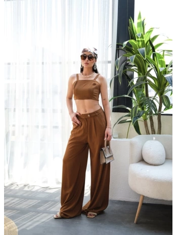 Keten Gi̇peli̇ Crop Ve Pantolon İki̇li̇ Takim