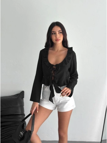 Keten Uzun Kol Bağacık Detaylı Bluz - Siyah