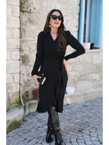 Krep Kumaş Midi Boy Kuşaklı Uzunkol Elbise 113 Cm