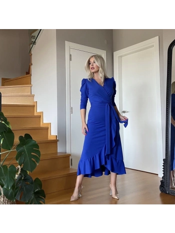 Krep Kumaş Midi Boy Kuşaklı Uzunkol Elbise