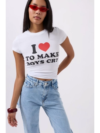 Nakış Detay Baskılı Crop T-Shirt