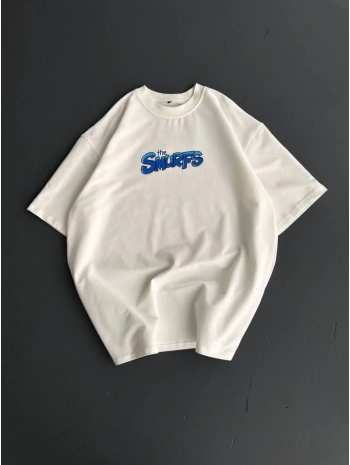 Ön Ve Arka Baskılı Oversize Bisiklet Yaka T-shirt- Beyaz