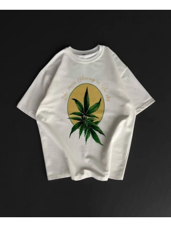 Ön Ve Arka Baskılı Oversize Bisiklet Yaka T-shirt- Beyaz