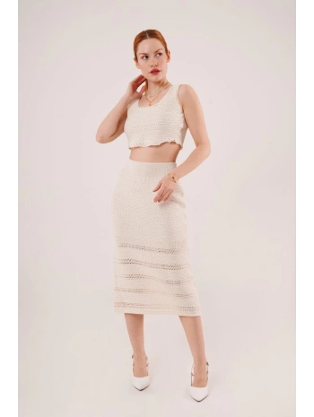 Örme Detaylı Etek Ve Bluz Krem Takım