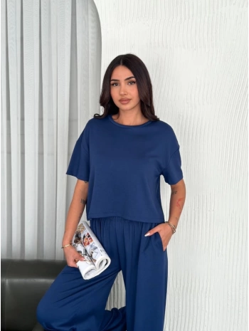 Osy Modal Yumuşak Dokulu Kumaş Bisiklet Yaka T-shirt Bol Paça Pantalon Ikili Takım -Saks Mavi