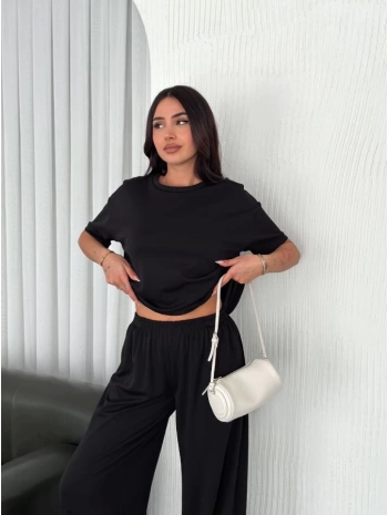 Osy Modal Yumuşak Dokulu Kumaş Bisiklet Yaka T-shirt Bol Paça Pantalon Ikili Takım -Siyah