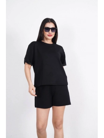 Osy Modal Yumuşak Dokulu Kumaş Bisiklet Yaka T-shirt Kısa Şort İkili Takım - Siyah