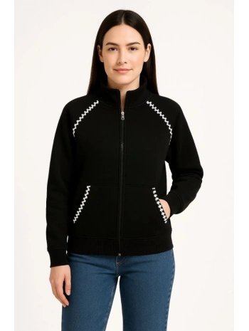 Oversize Dik Yaka Fermuarlı Sweatshirt - Zincir Nakışli Kanguru Cepli, - Siyah