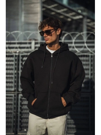 Oversize Tam Fermuarlı Uzun Kol Hırka - Siyah