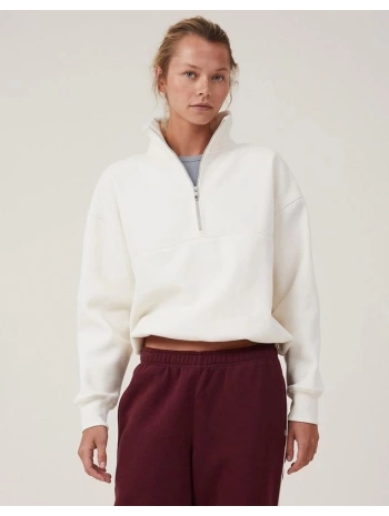 Oversize Yarım Farmuarlı Yakalı Basic SweatShirt - Beyaz