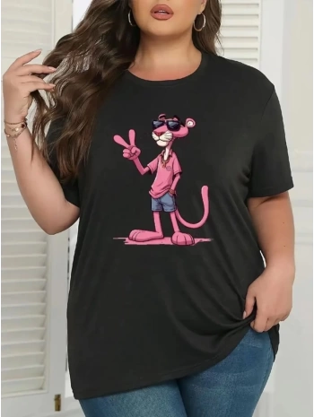 Pembe Panter Baskılı Oversize Bisiklet Yaka T-shirt - Beyaz