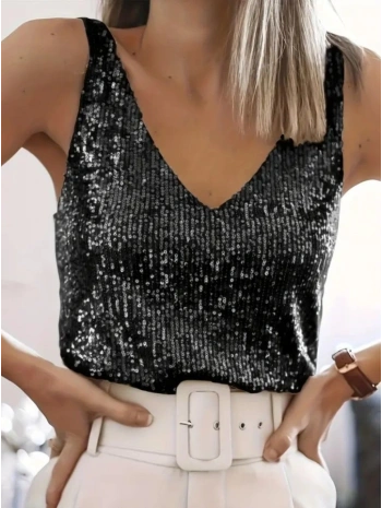 Pul Payetli Sıfır Kol Bluz -Siyah