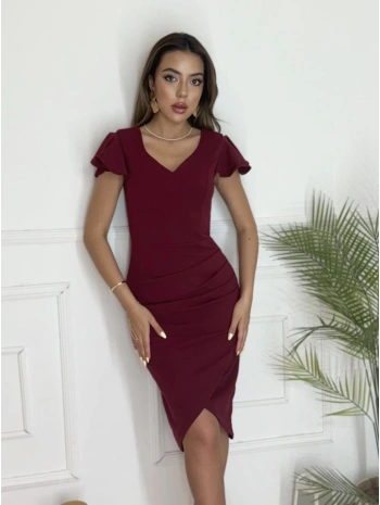QKadın Kısa Kollu Kalp Yaka Yanlardan Büzgü Detay Midi Janjan Krep Elbise