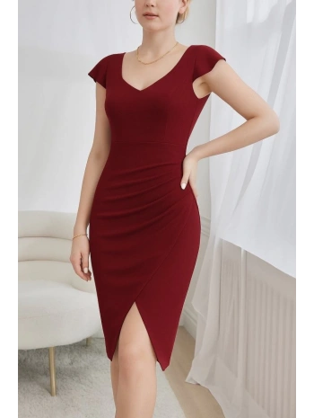 QKadın Kısa Kollu Kalp Yaka Yanlardan Büzgü Detay Midi Janjan Krep Elbise