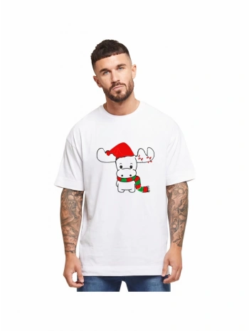 Ren Geyiği Baskılı Noel İçin T-shirt - Beyaz