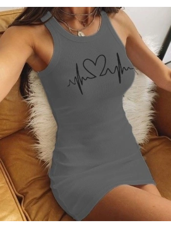 Ritim Kalp Baskılı Sıfır Kol Kaşkorse Elbise