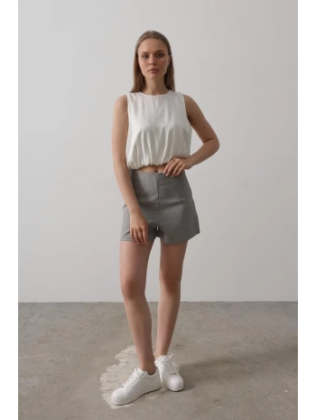 Saten Kolsuz Belki Lastikli Bluz - Ekru
