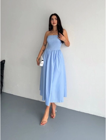 Straplez Pileli Elbise - Açık Mavi