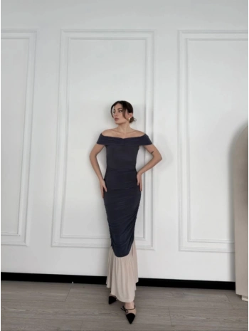 Striptiz Omuzlu Uzun Elbise- Füme