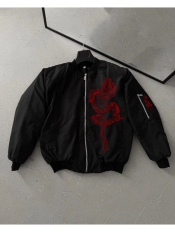 Tam Fermuarlı Uzun Kol Baskılı Bomber Ceket - Siyah