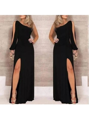 Tek Omuz Açık Derin Yırtmaçlı Krep Tam Boy Elbise