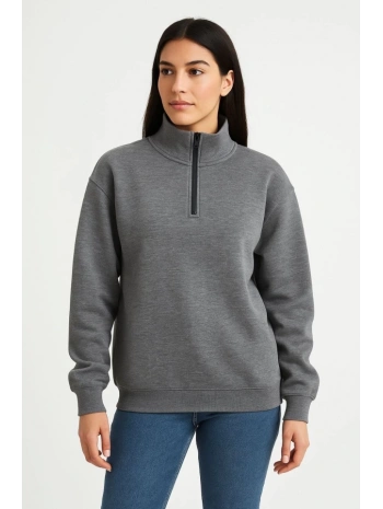 Üç İplik Dık Yaka Yarım Fermuarlı SweatShirt - Antrasit