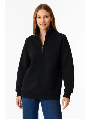 Üç İplik Dık Yaka Yarım Fermuarlı SweatShirt - Siyah