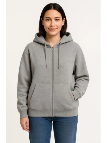 Üç İplik Kapüşonlu Tam Fermuarlı Kanguru Çepli SweatShirt Hoodie - Gri