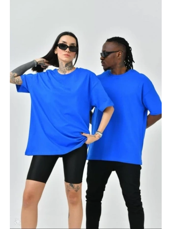 Unisex Basic Bisiklet Yaka Oversize T-Shirt - Mavi