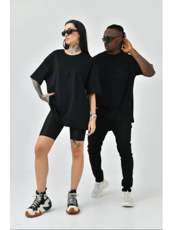 Unisex Basic Bisiklet Yaka Oversize T-Shirt - Siyah