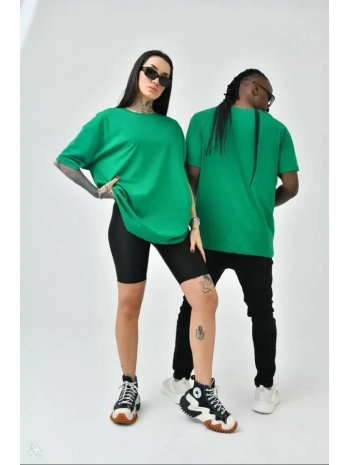 Unisex Basic Bisiklet Yaka Oversize T-Shirt - Yeşil