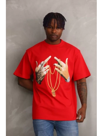 Unisex Baskılı Oversize T-Shirt - Kırmızı