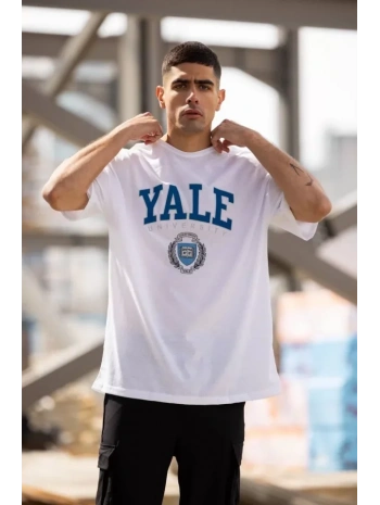 Unisex Bisiklet Yaka Baskılı Oversize T-Shirt - Beyaz